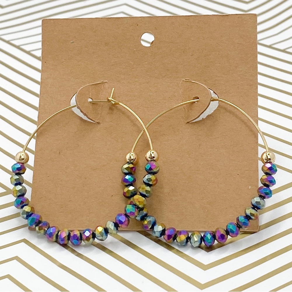 Gold earrings multi color beaded hoops